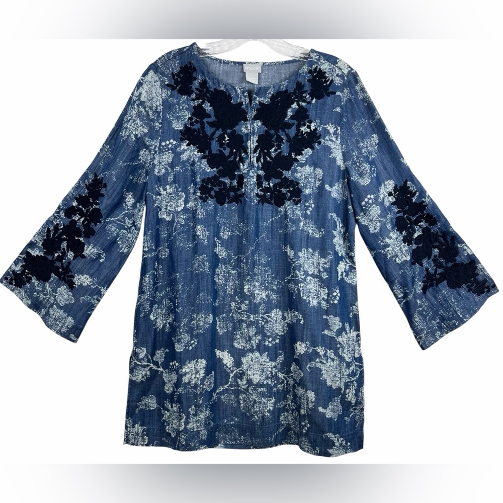 Chico's Navy Embroidered Kurta Denim Tunic | M | NWT!